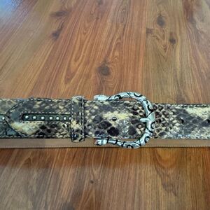 Brighton Leather beige snake skin and stud leather belt silver hardware buckle